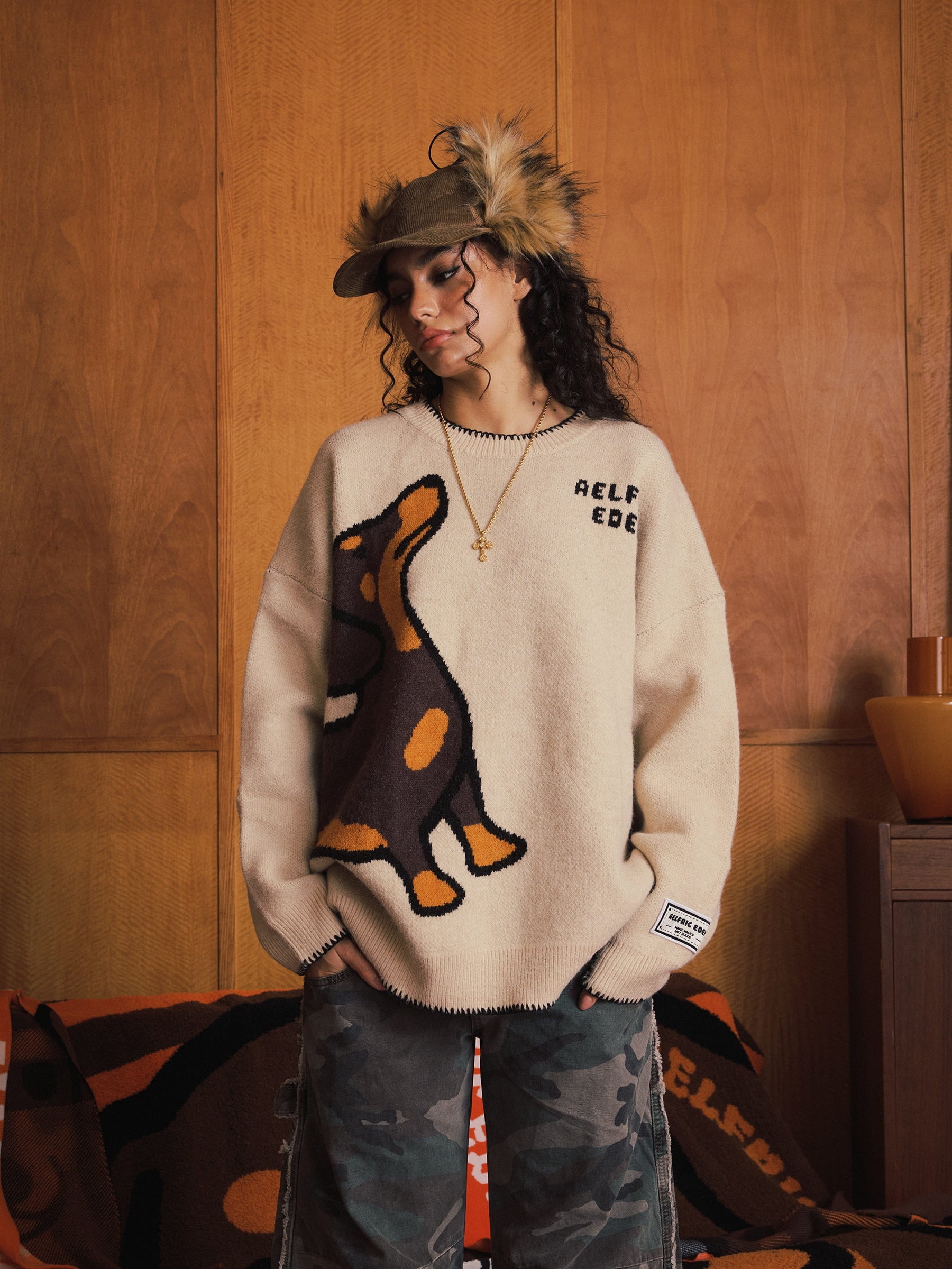 Aelfric Eden Gebreid damesvest teckel grafische cardigan V-hals knoopsluiting open front sweater, beige, L Aelfric Eden Gebreid damesvest teckel grafische cardigan V-hals knoopsluiting open front sweater, beige, L