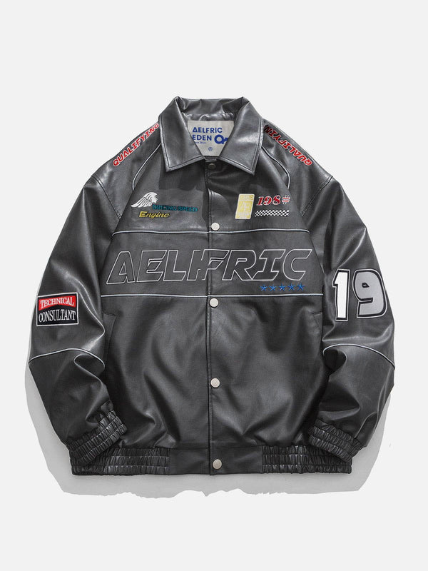 Aelfric Eden Embroidered Letters Racing Faux Leather Jacket