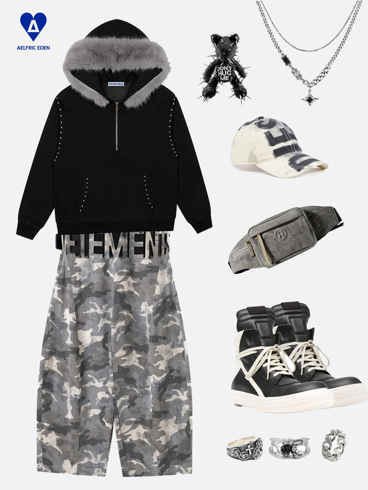 Aelfric Eden Rivet Faux Fur Collar Half Zip Up Hoodie