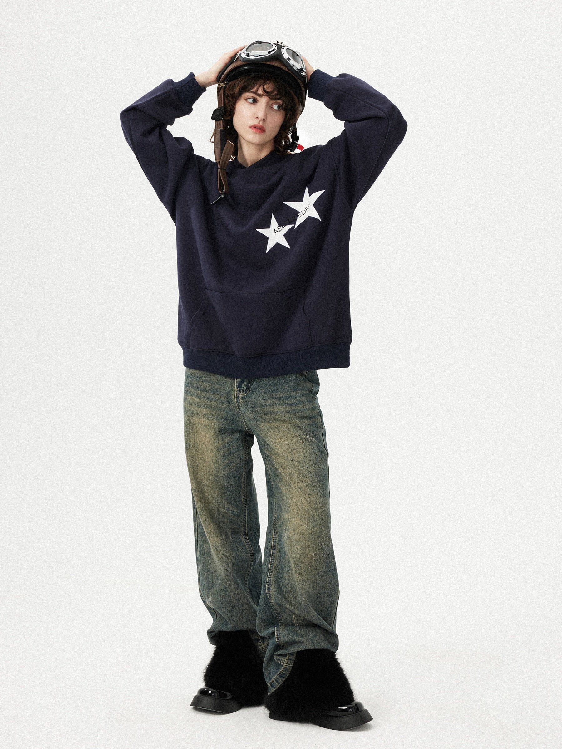 Aelfric Eden Oversized hoodie pullover heren gewassen capuchon dames dik katoen sweatshirt Y2K vintage jas, zwart, M