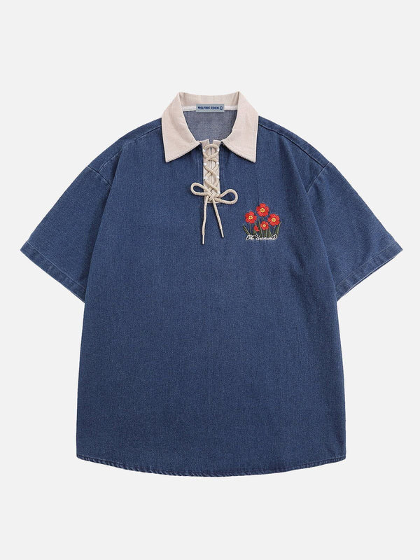 Aelfric Eden Floral Embroidery Denim Polo Tee