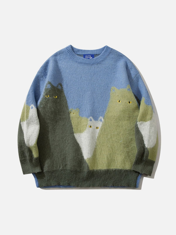 Aelfric Eden Color Blocking Cat Embroidery Wool Blend Sweater