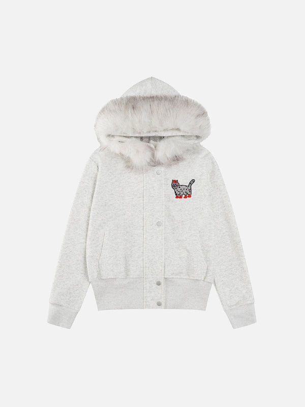 Aelfric Eden Cat Embroidery Faux Fur Collar Hoodie