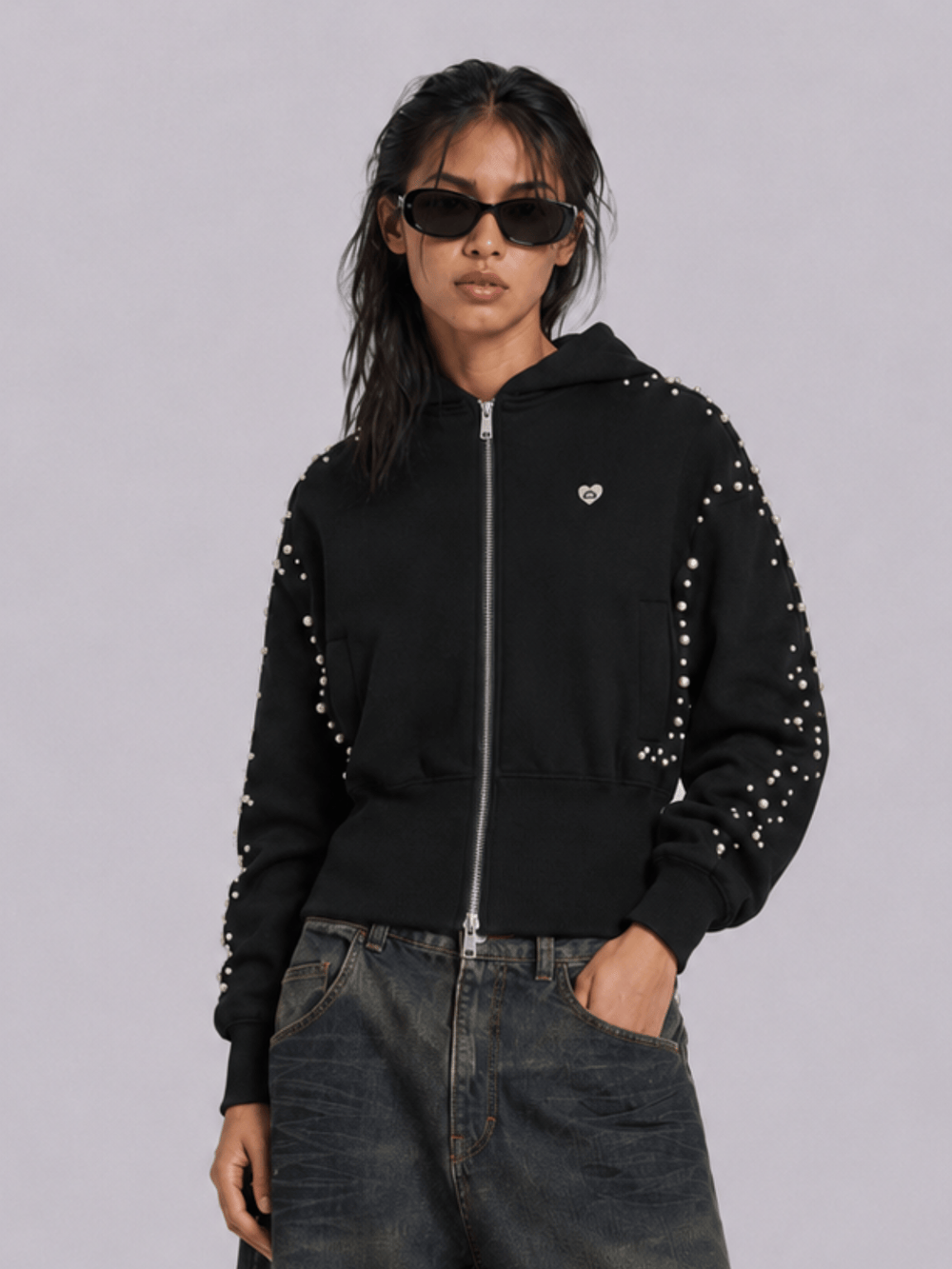 Aelfric Eden Cropped Pearl Studded Zip Up Hoodie – Aelfric eden