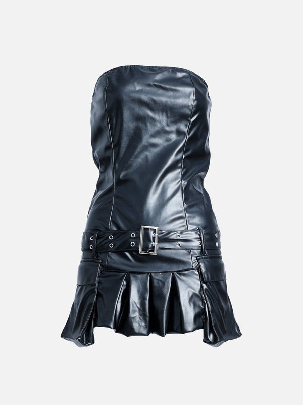 Solid Wrinkle Belt Faux Leather Dress