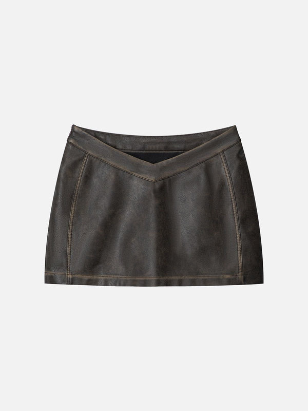V-Shape Waist Washed Faux Leather Skirt