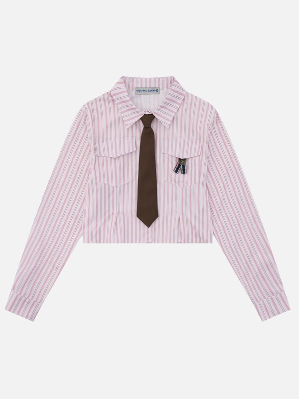 Stripe Necktie Wrinkle Long Sleeve Shirt