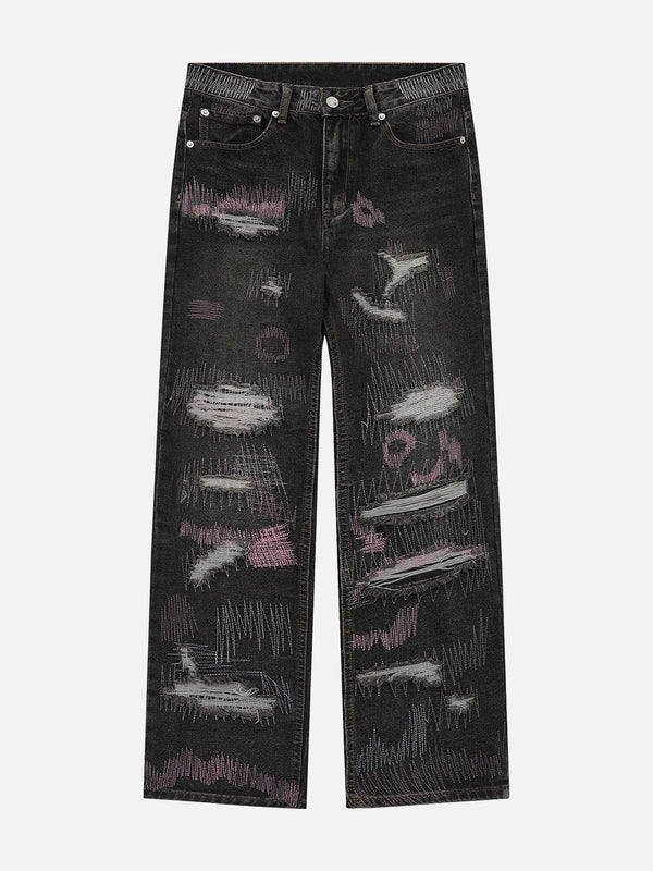 Aelfric Eden Graffiti Embroidered Ripped Straight Jeans